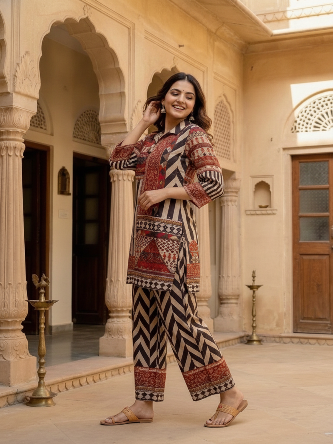 Multi Ethnic Floral Print Modal Silk A-Line Co-ord Set with Sequins, Shirt Collar & Multi Silk Blend Palazzo