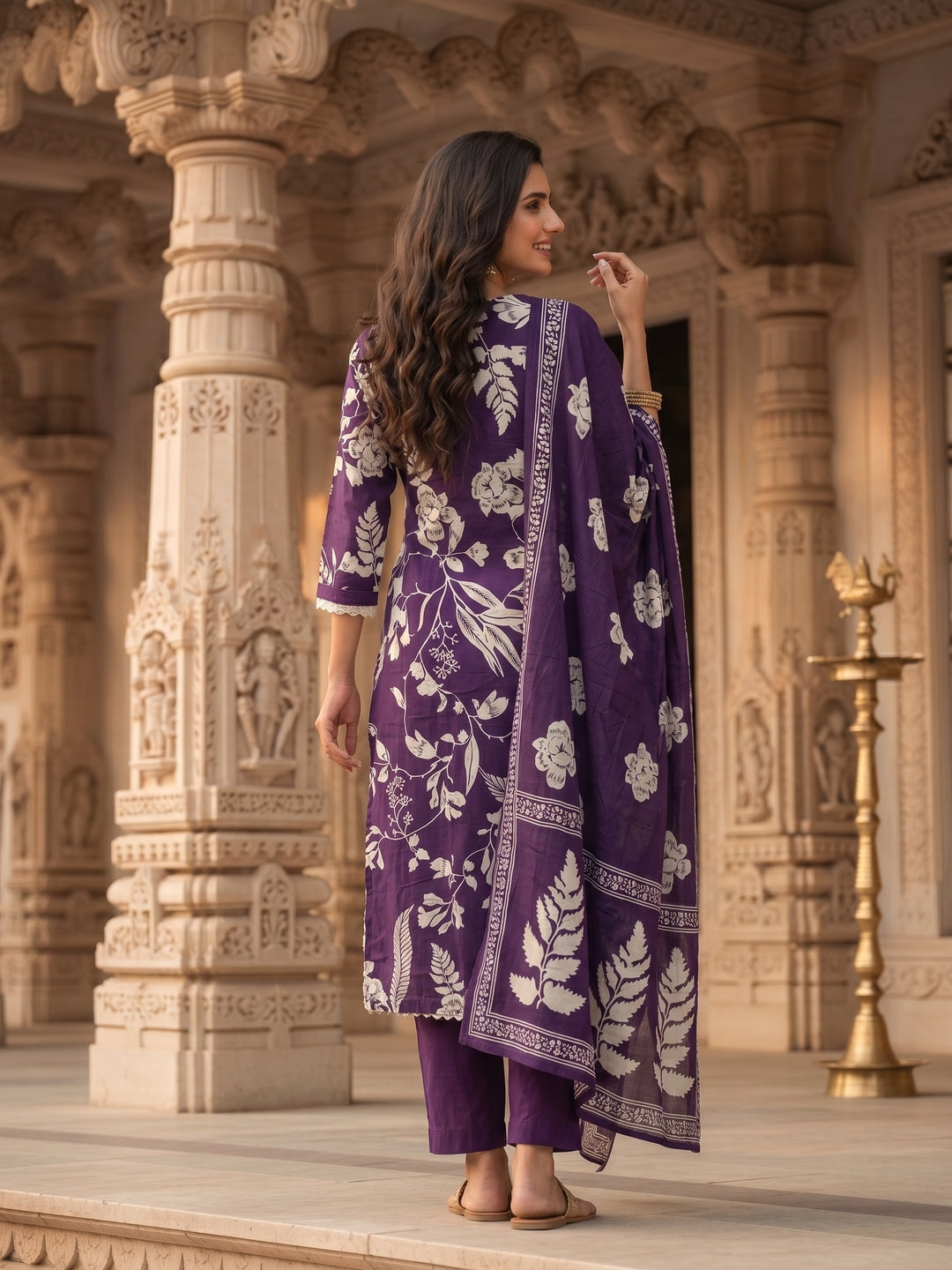 Floral Embroidered A-Line Cotton Kurta with Pant & Printed Voile Dupatta - Purple