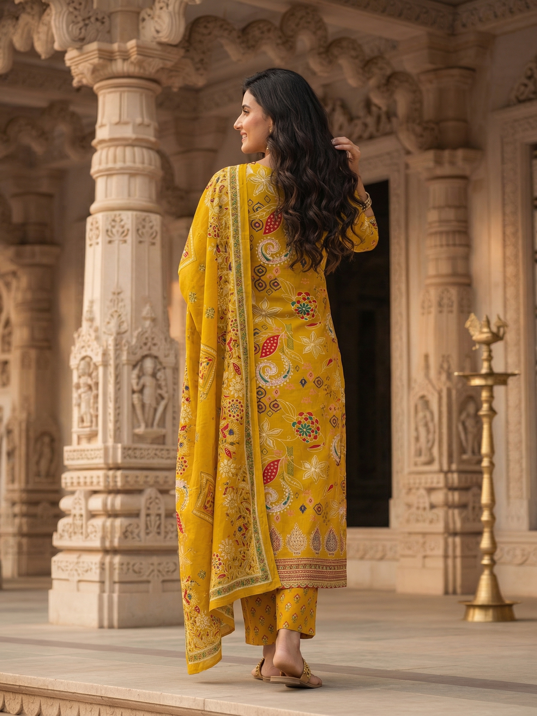 Floral Jaal Printed Straight Kurta with Pyjama & Dupatta - Mustard