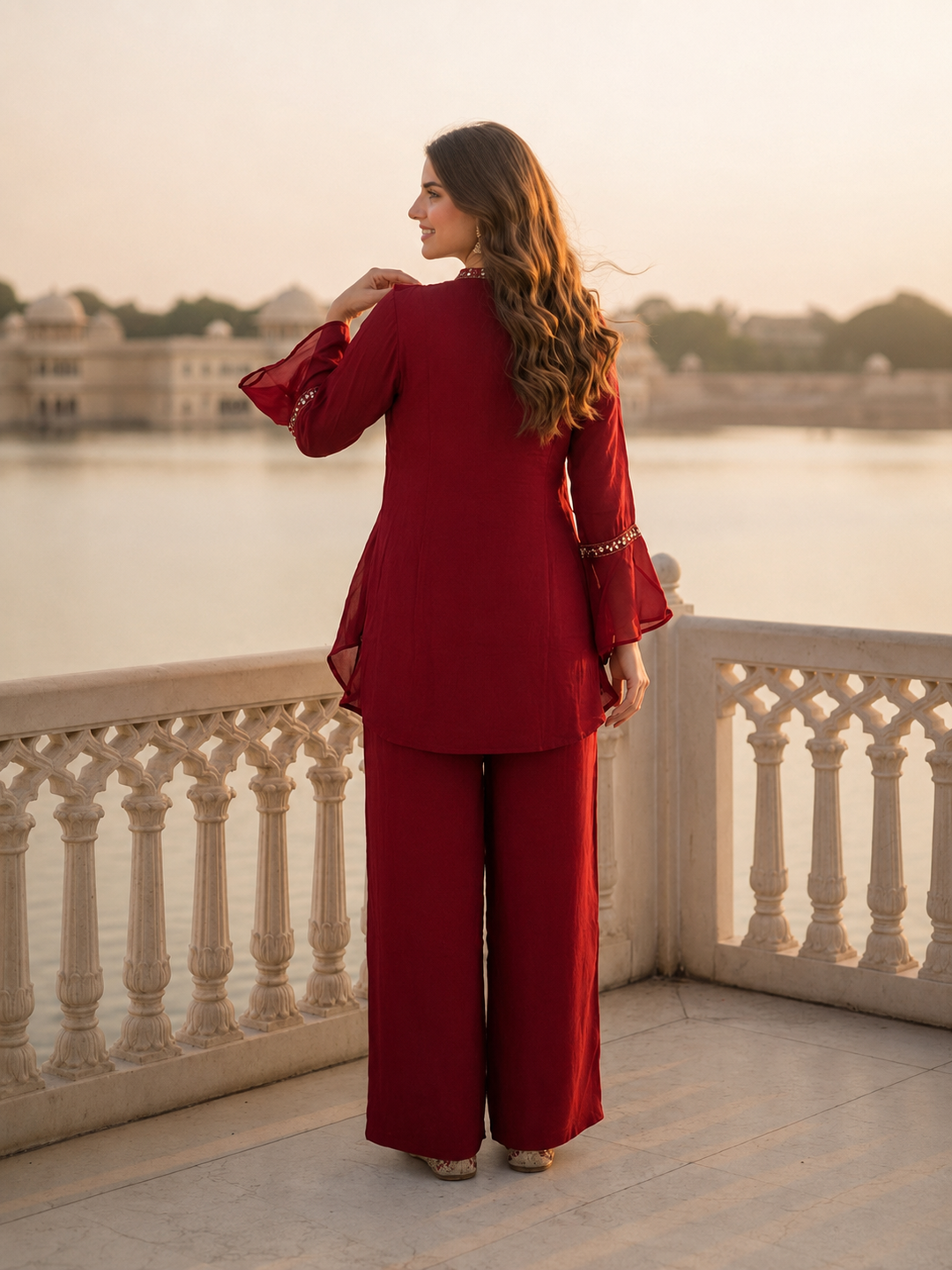Maroon Solid Chiffon A-Line Kurta Set with Sequin Handwork & Tassel, Silk Crepe Palazzo