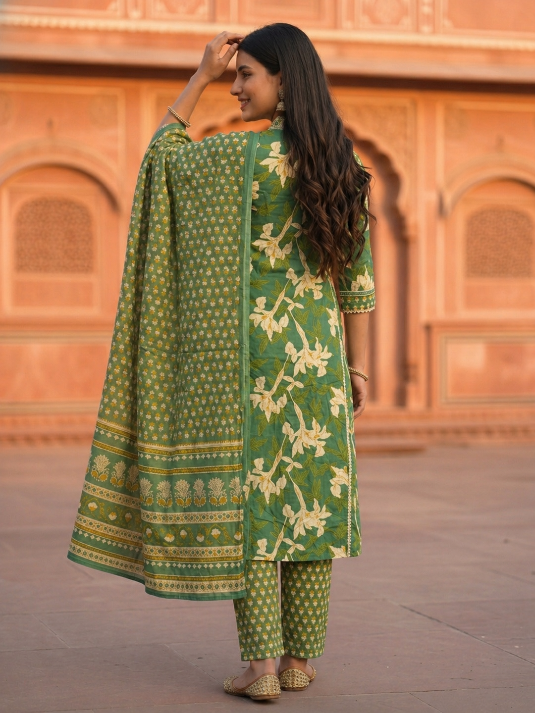 Floral Paisley Printed & Embroidered Straight Kurta with Pant & Dupatta - Green