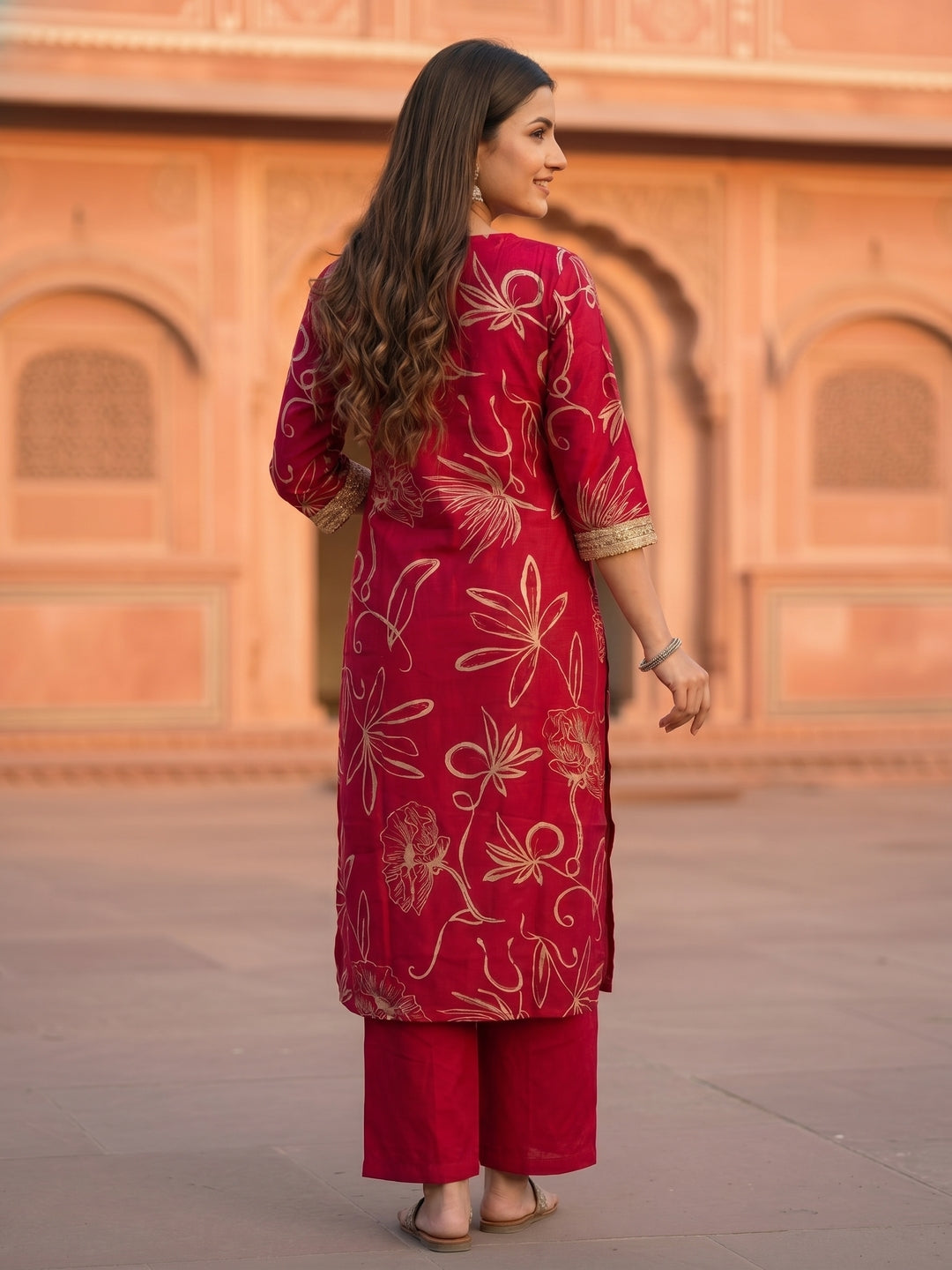 Abstract Floral Printed Straight Kurta with Palazzo Co-ord Set - Burgundy