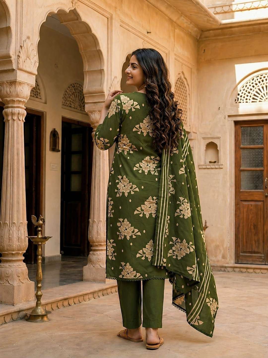 Floral Printed & Embroidered Straight Kurta with Pant & Dupatta - Green