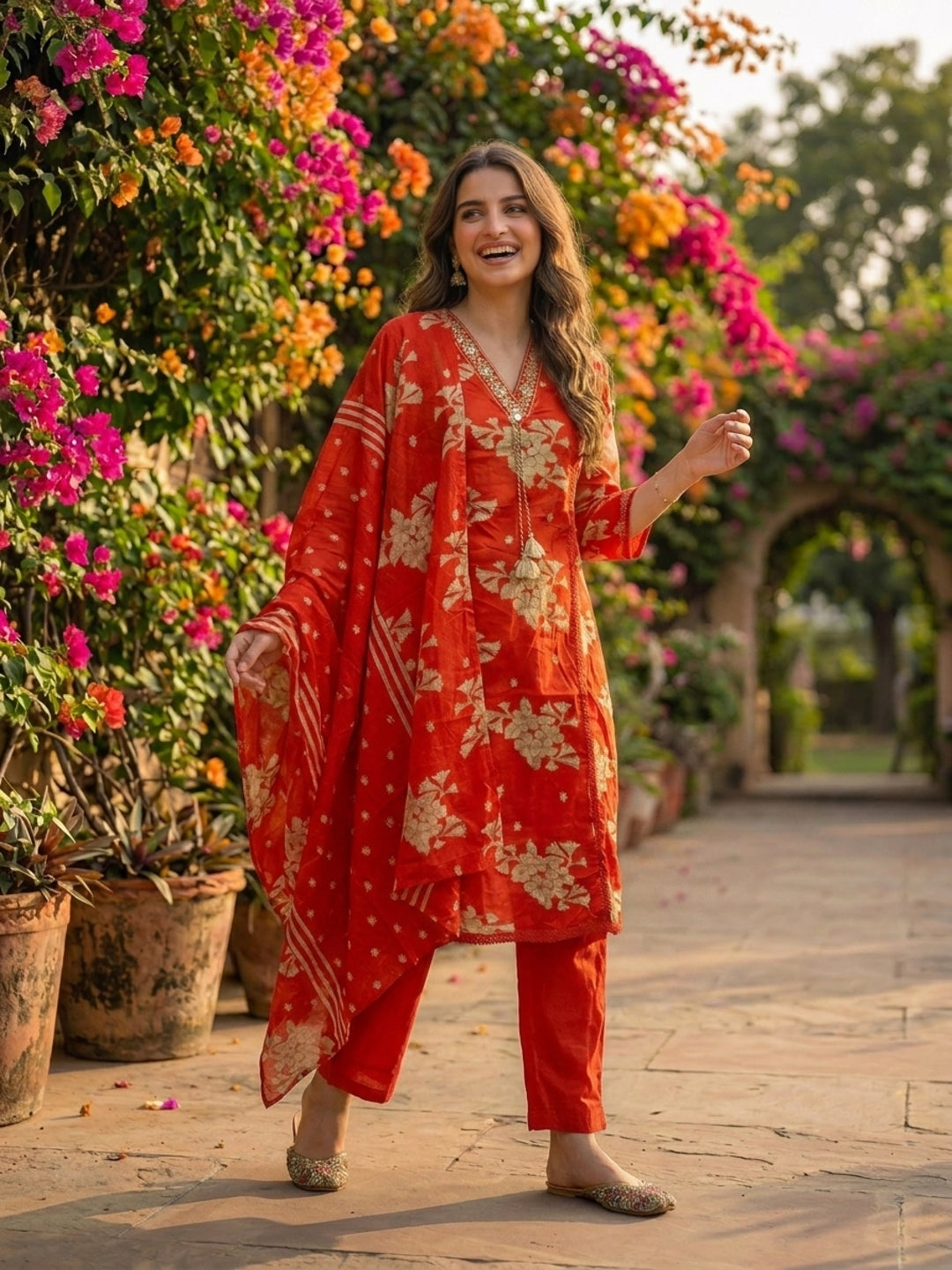 Floral Printed & Embroidered Straight Kurta with Pant & Dupatta - Orange