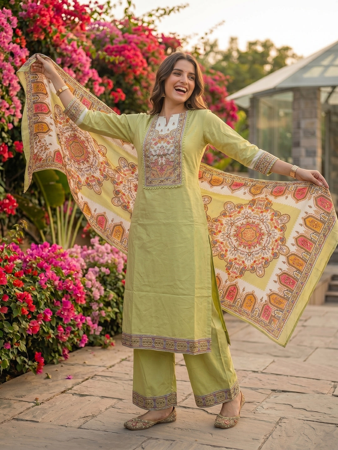 Solid Mirror Work & Sequin Straight Kurta with Palazzo & Dupatta - Lime Green