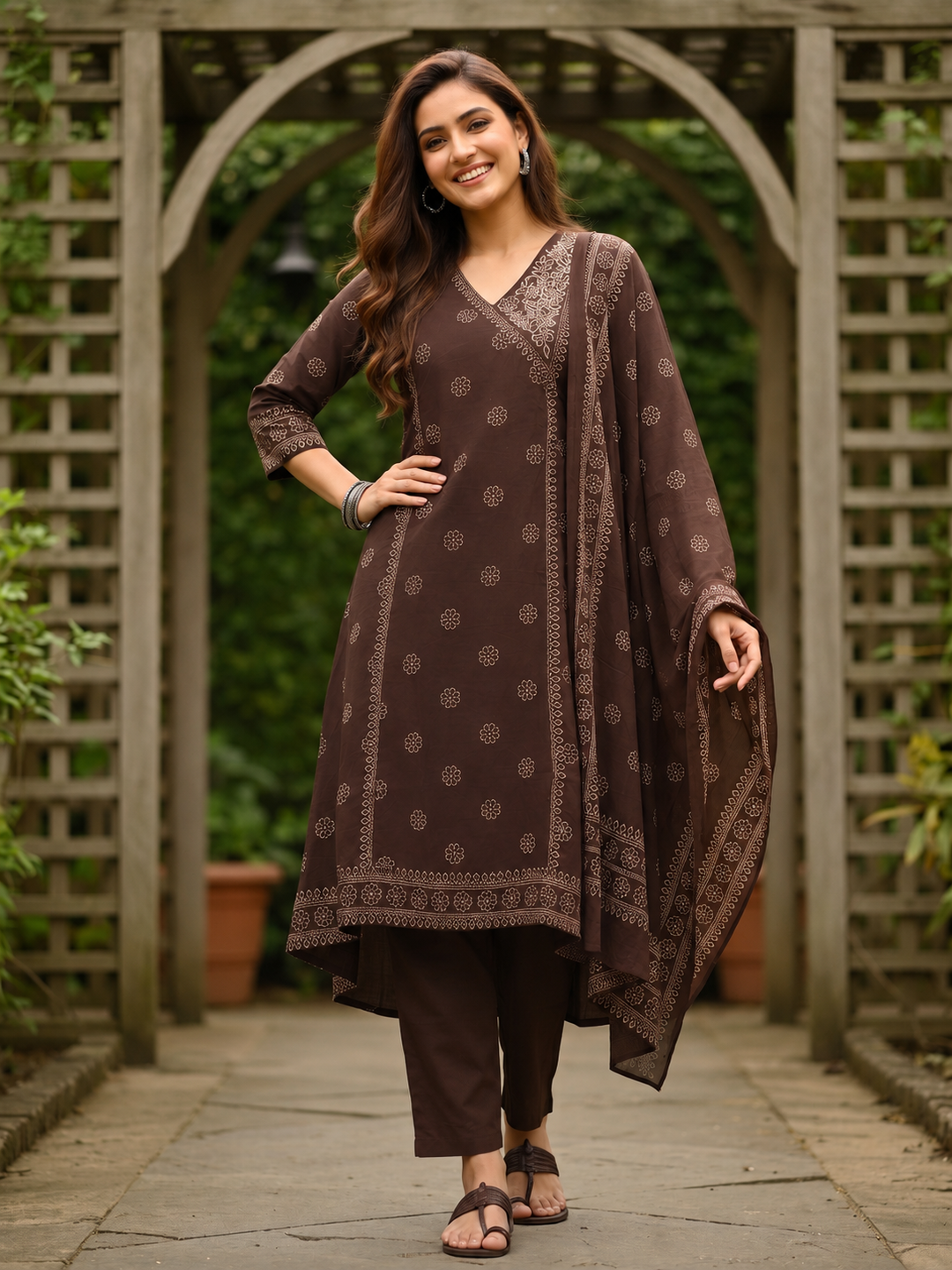 Coffee Brown Bandhani Printed Embroidered Anarkali with Palazzo & Dupatta