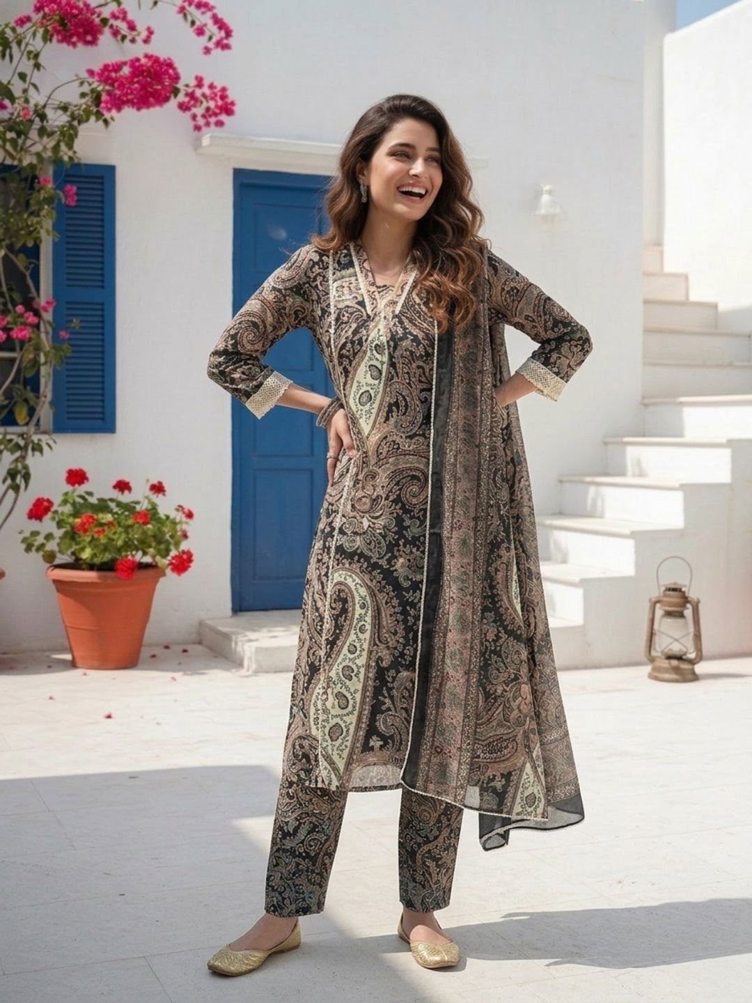 Paisley Ethnic Printed Lace A-Line Kurta with Palazzo & Dupatta - Black