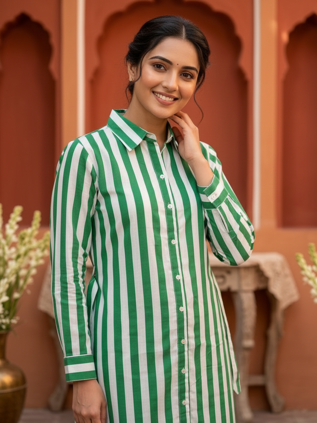 Green & White Striped Cotton Blend Straight Kurta with Shirt Collar & Side Tie-Up