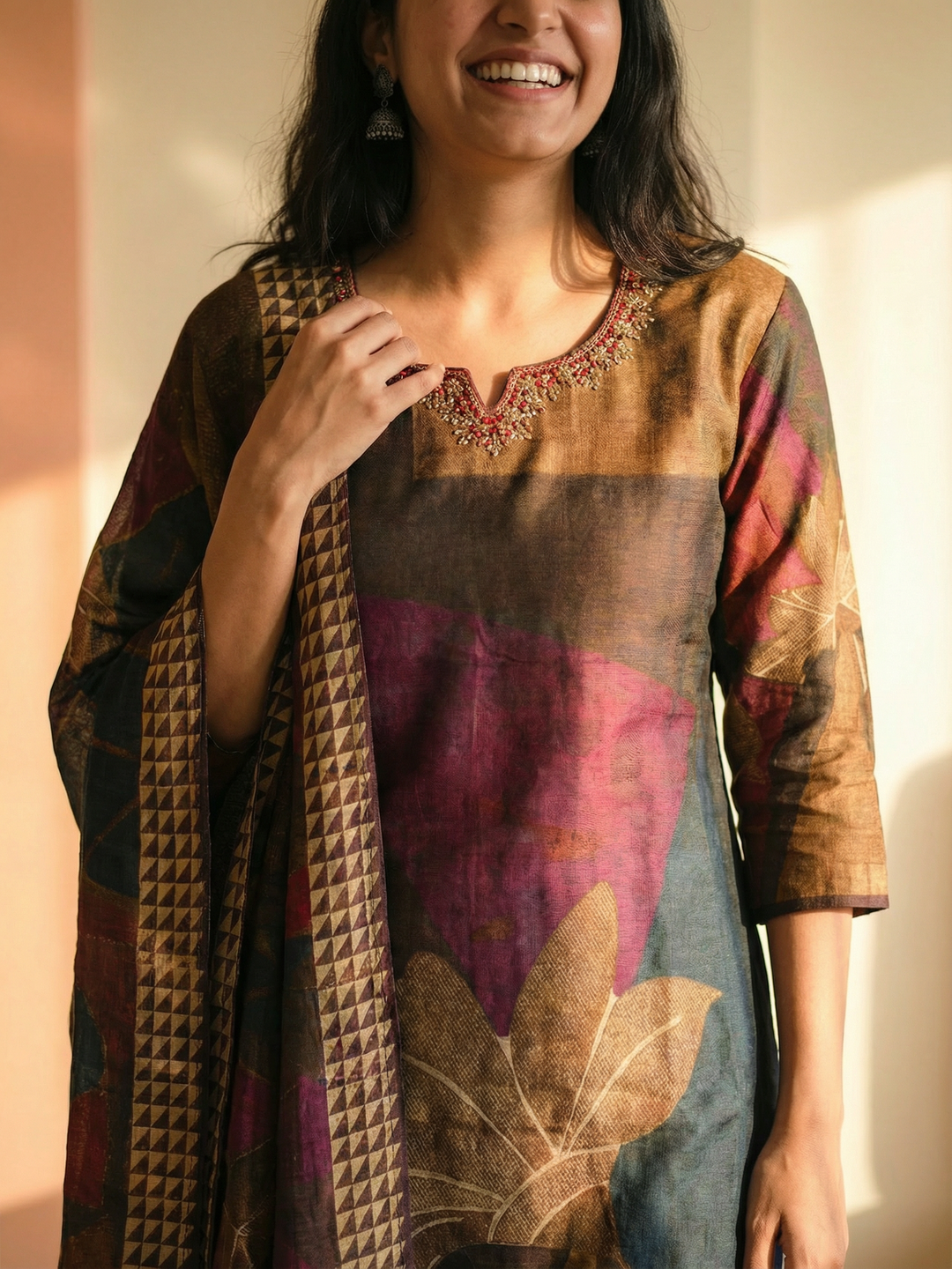 Abstract Printed Embroidered Straight Kurta with Pant and Dupatta- Multi