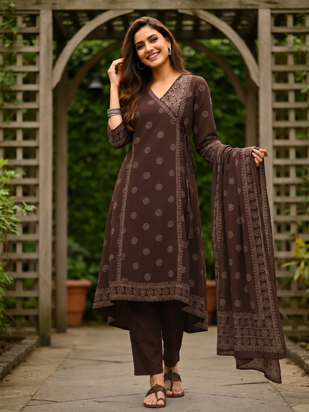 Coffee Brown Bandhani Printed Embroidered Anarkali with Palazzo & Dupatta