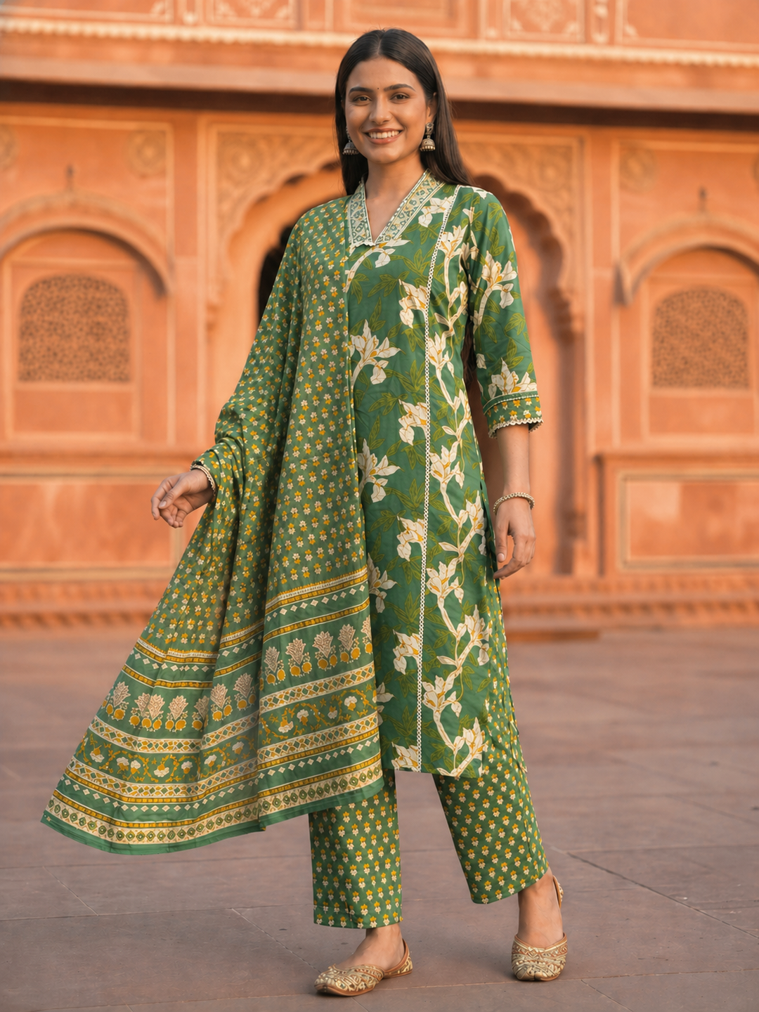 Floral Paisley Printed & Embroidered Straight Kurta with Pant & Dupatta - Green