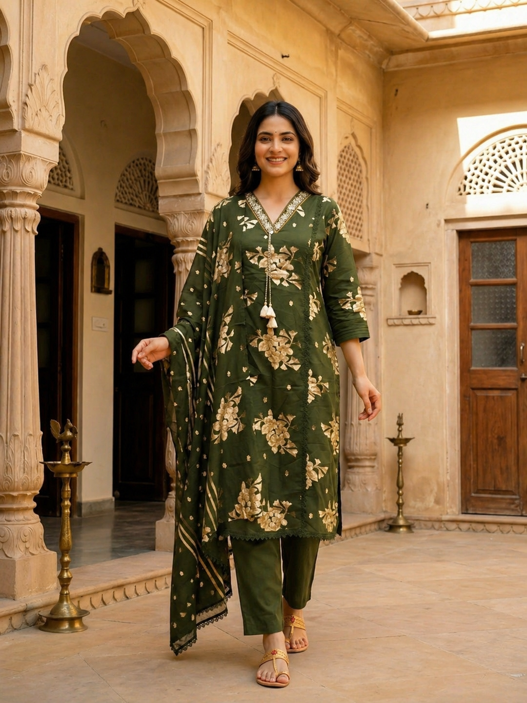 Floral Printed & Embroidered Straight Kurta with Pant & Dupatta - Green
