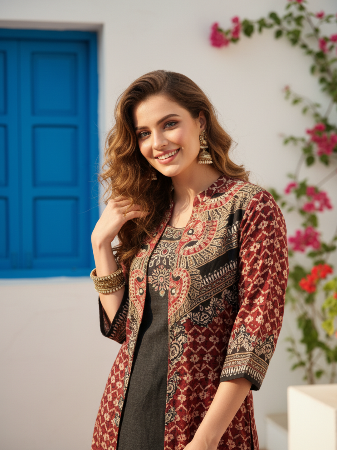 Ethnic Printed Mirror Work & Sequin Sherwani-Inspired Layered Kurta with Palazzo - Maroon