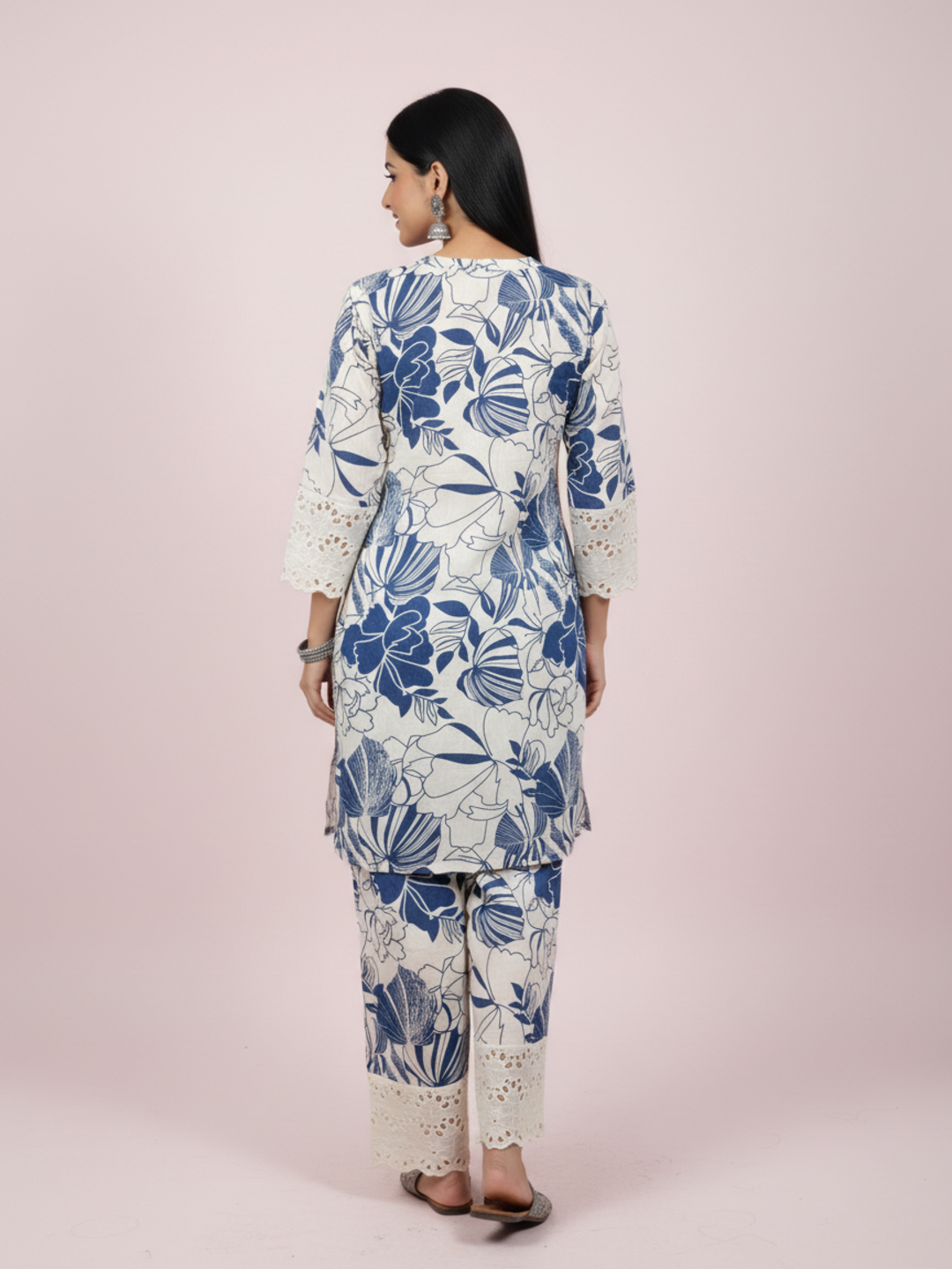 Floral Printed Schiffili Embellished Straight Kurta with Pyjama - Beige