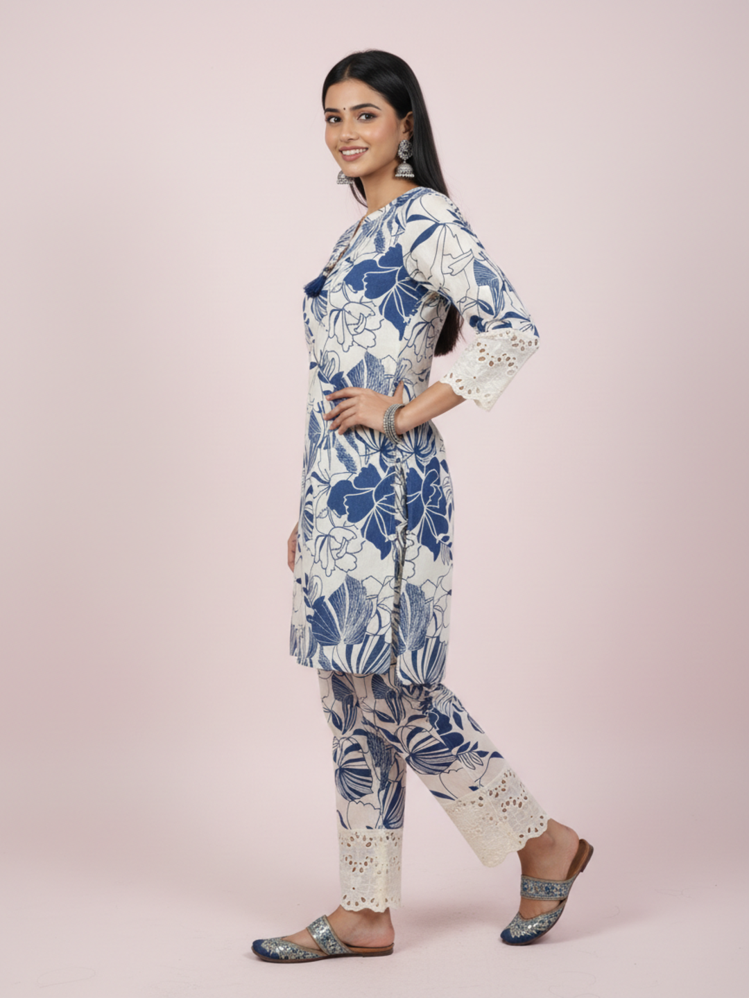 Floral Printed Schiffili Embellished Straight Kurta with Pyjama - Beige