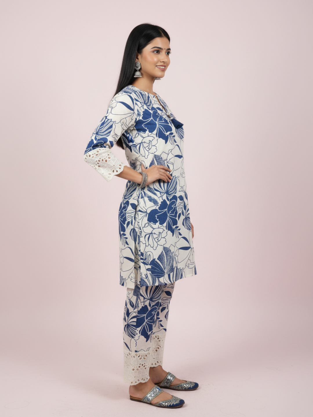 Floral Printed Schiffili Embellished Straight Kurta with Pyjama - Beige