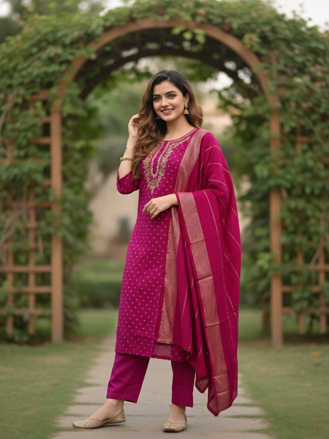 Solid Gota Patti & Sequin Embellished Straight Kurta with Pant & Dupatta - Purple