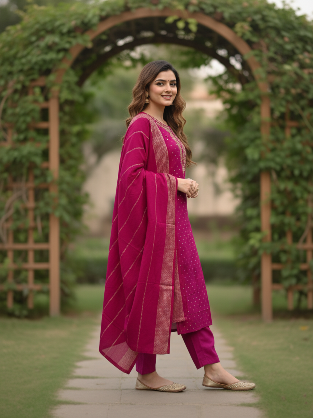 Solid Gota Patti & Sequin Embellished Straight Kurta with Pant & Dupatta - Purple