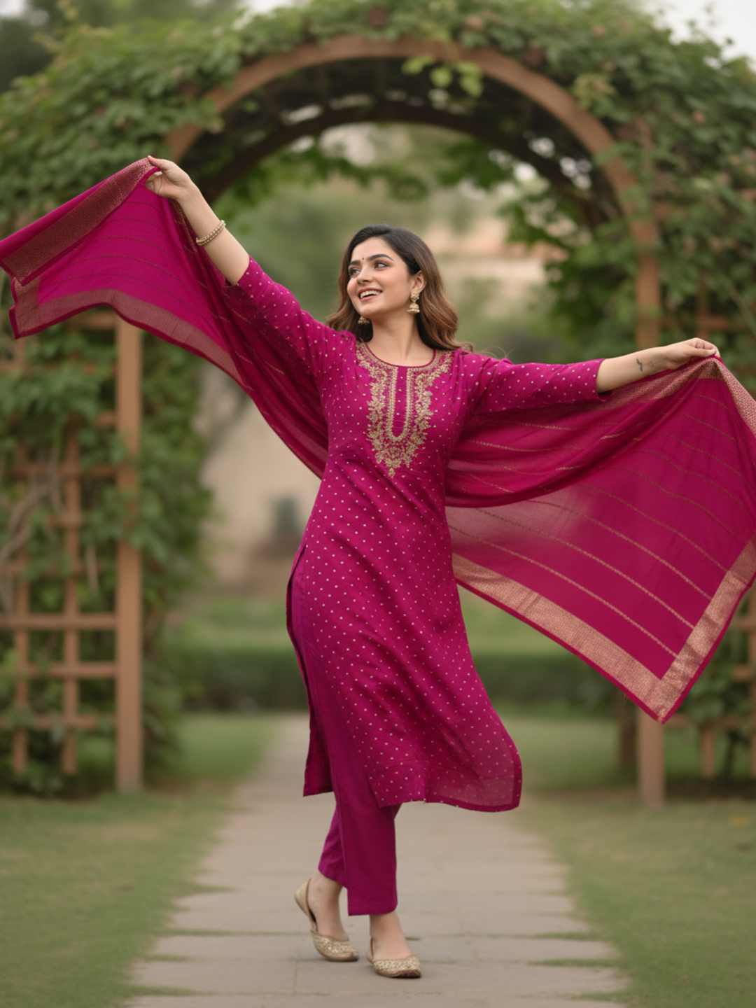 Solid Gota Patti & Sequin Embellished Straight Kurta with Pant & Dupatta - Purple