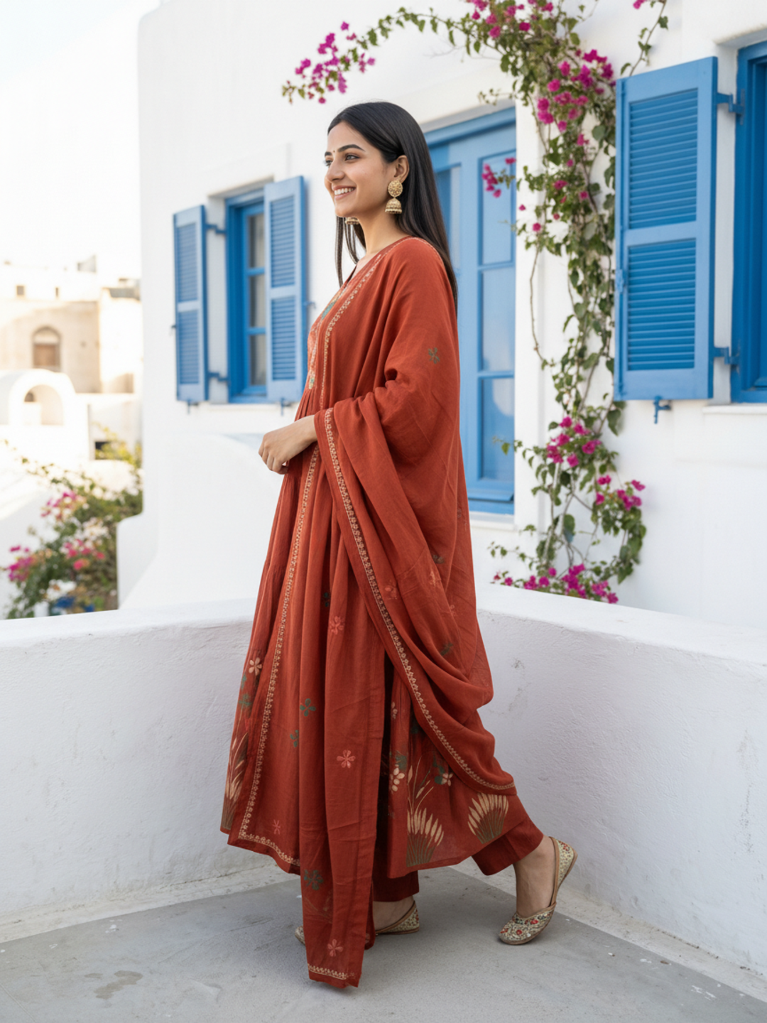 Floral Printed & Solid Embroidered A-Line Kurta with Pant & Dupatta - Rust