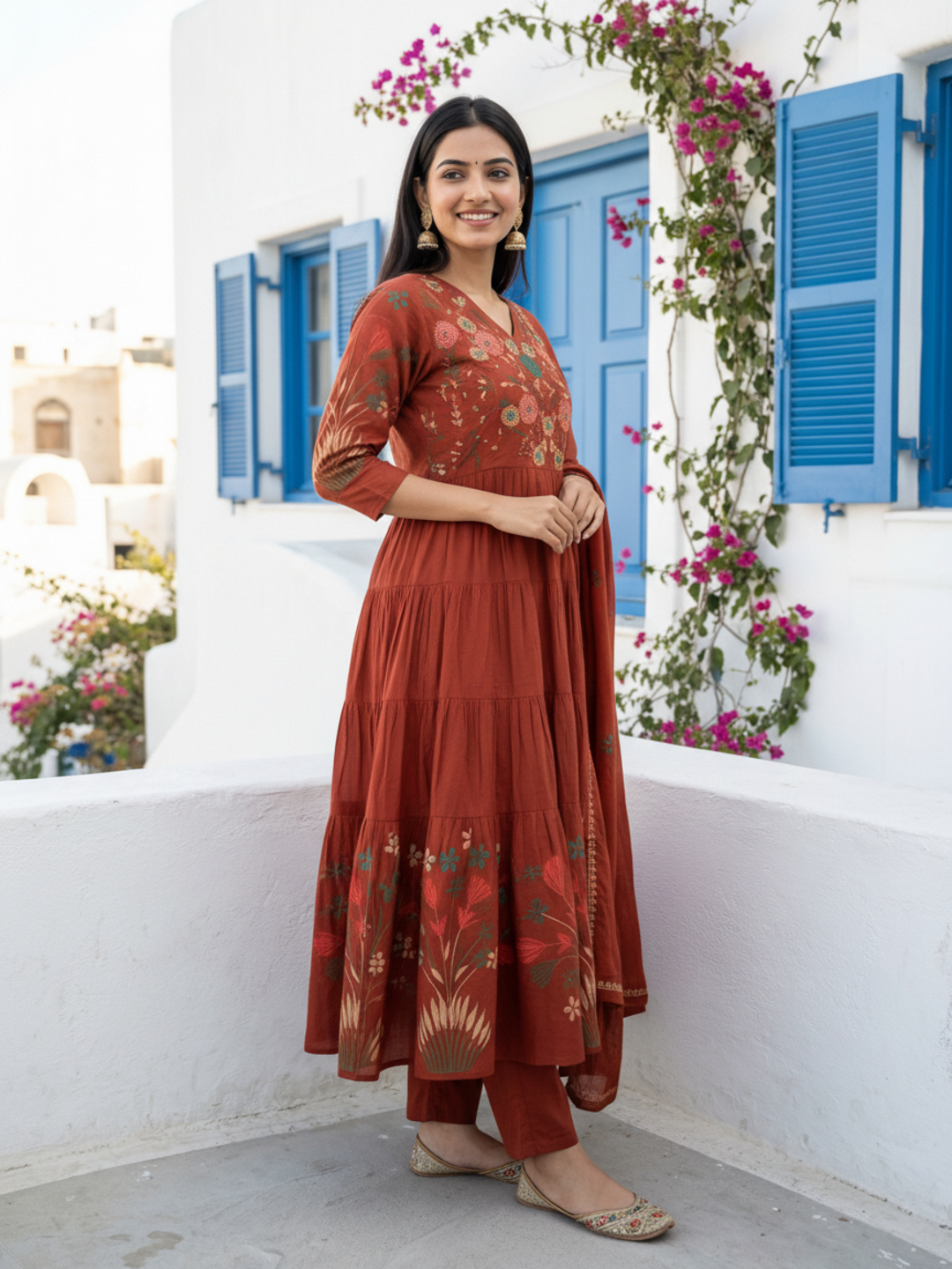 Floral Printed & Solid Embroidered A-Line Kurta with Pant & Dupatta - Rust
