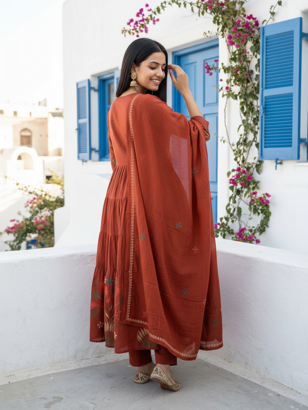 Floral Printed & Solid Embroidered A-Line Kurta with Pant & Dupatta - Rust