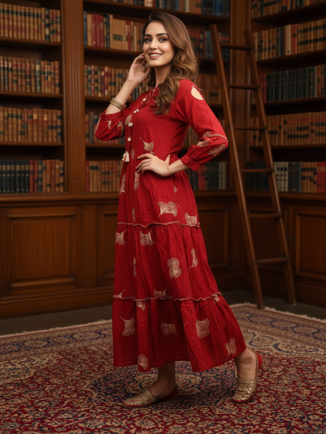 Floral & Abstract Printed Sequin Embellished Fit & Flare Maxi Dress - Rust