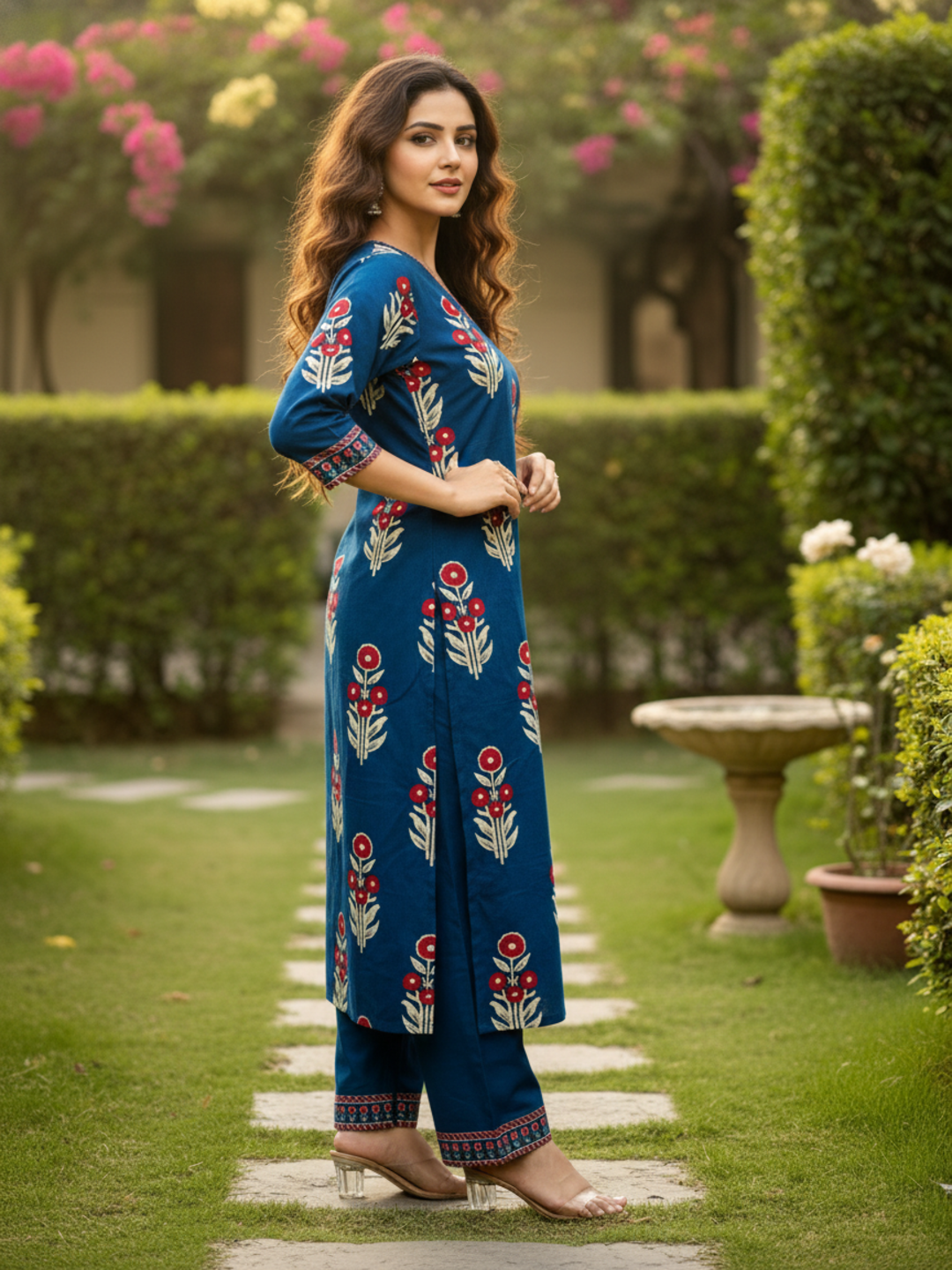 Ethnic Printed Sequin Embellished Straight Kurta with Pant - Navy Blue