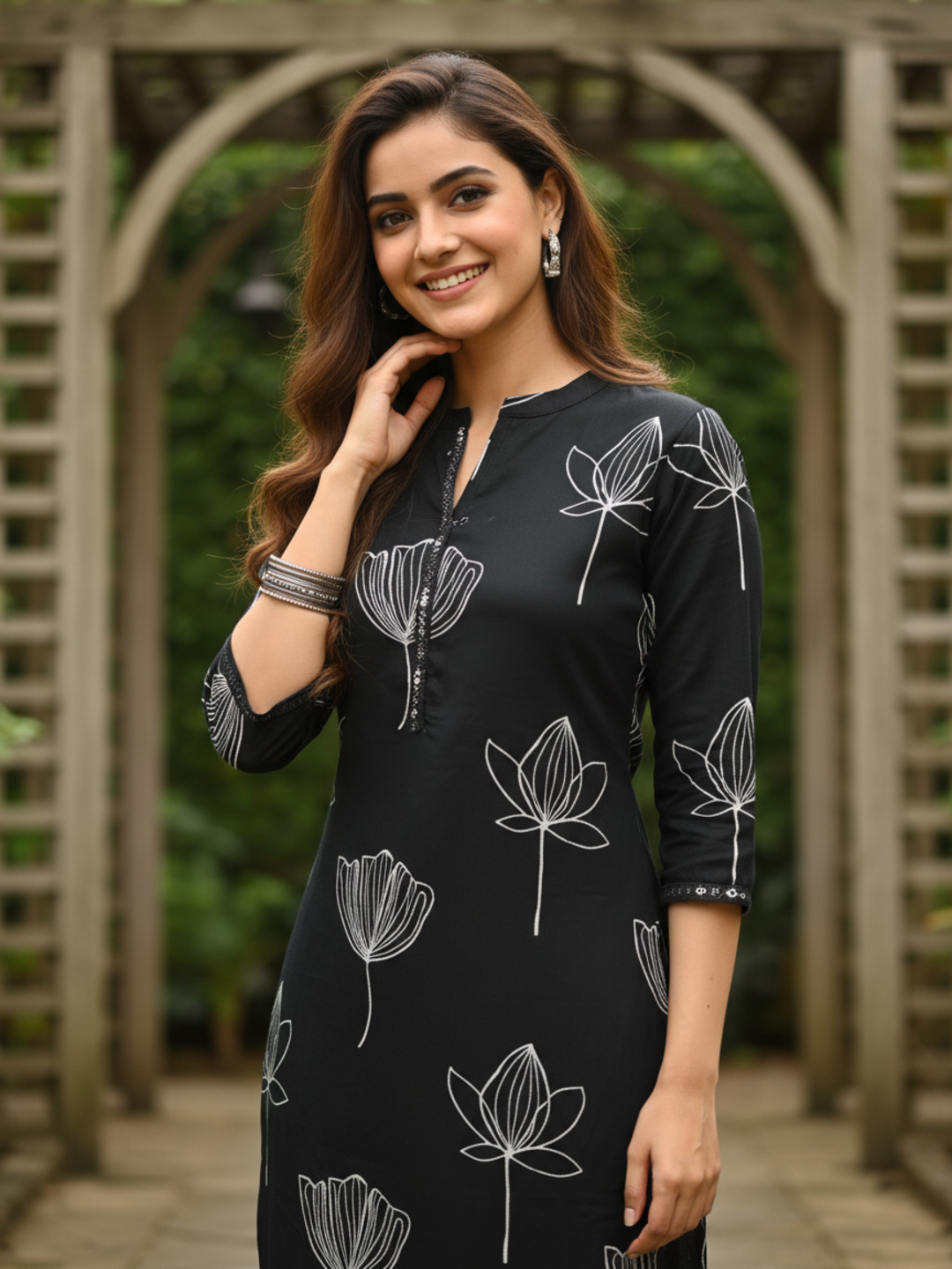 Floral Printed Mirror Work Straight Kurta with Pant - Black