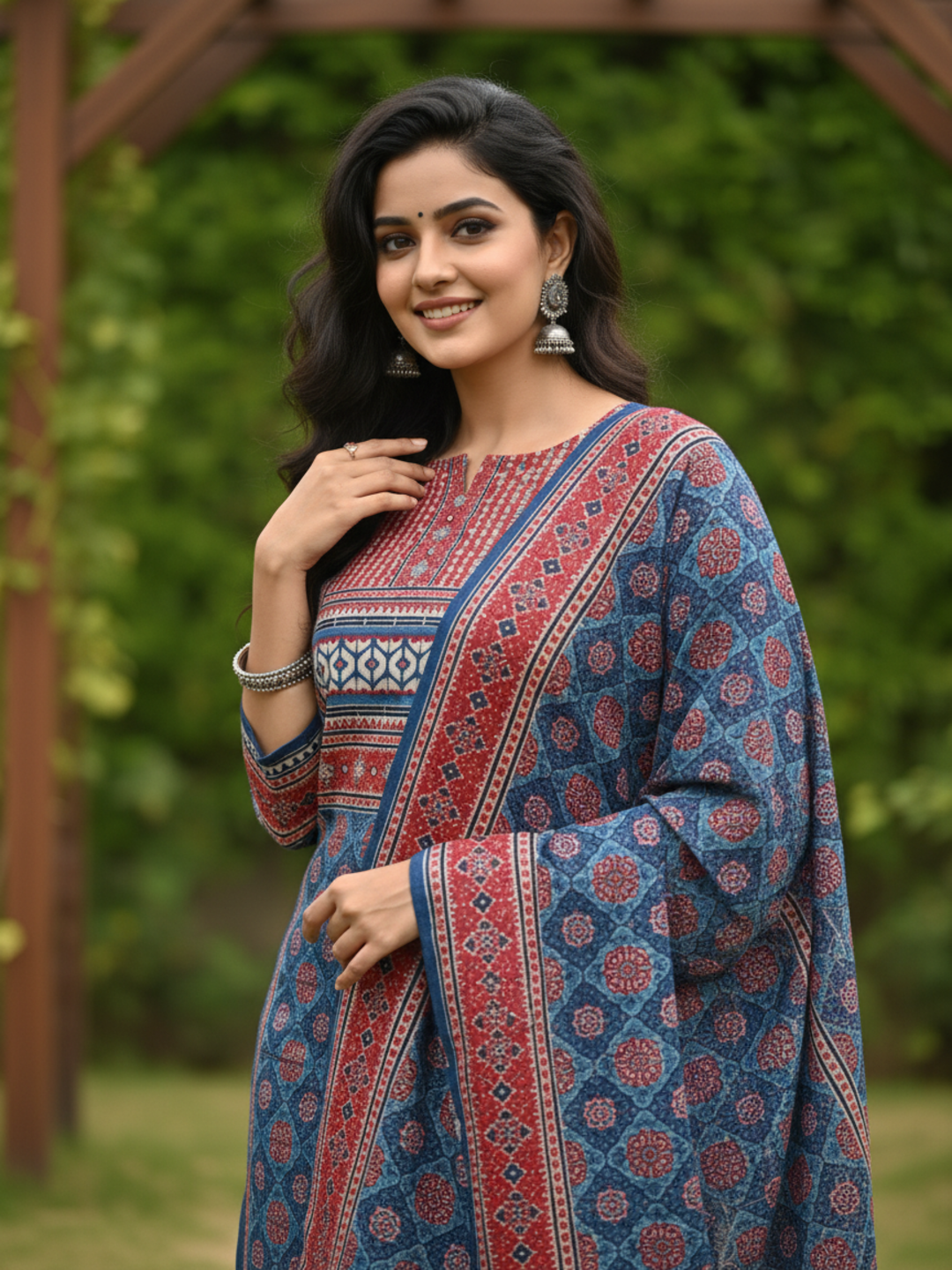 Ethnic Printed Mirror Work & Sequin Embellished Straight Kurta with Pant & Dupatta - Blue