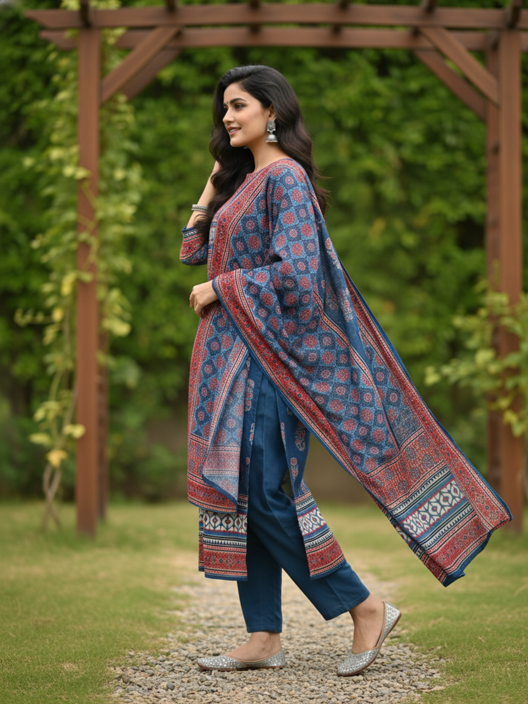 Ethnic Printed Mirror Work & Sequin Embellished Straight Kurta with Pant & Dupatta - Blue