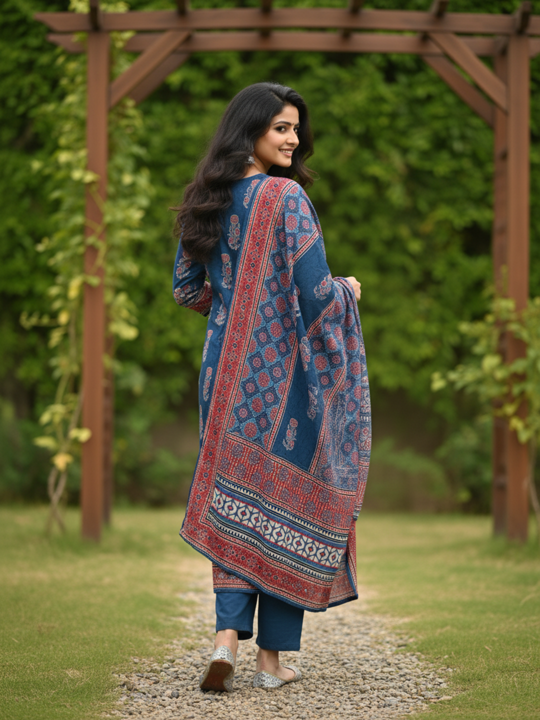 Ethnic Printed Mirror Work & Sequin Embellished Straight Kurta with Pant & Dupatta - Blue