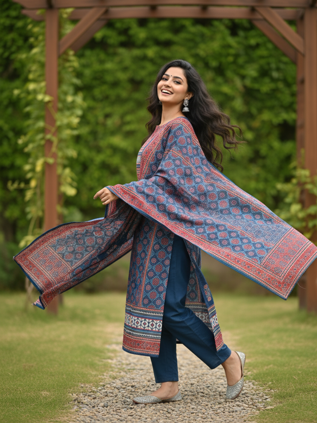 Ethnic Printed Mirror Work & Sequin Embellished Straight Kurta with Pant & Dupatta - Blue