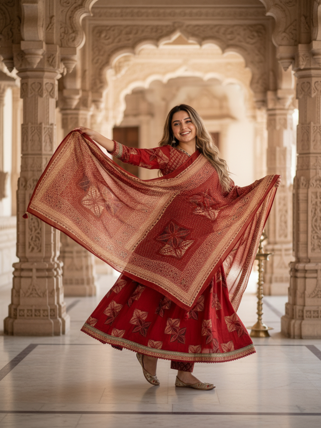 Ethnic Printed Mirror Work A-Line Kurta with Pyjama & Dupatta - Rust