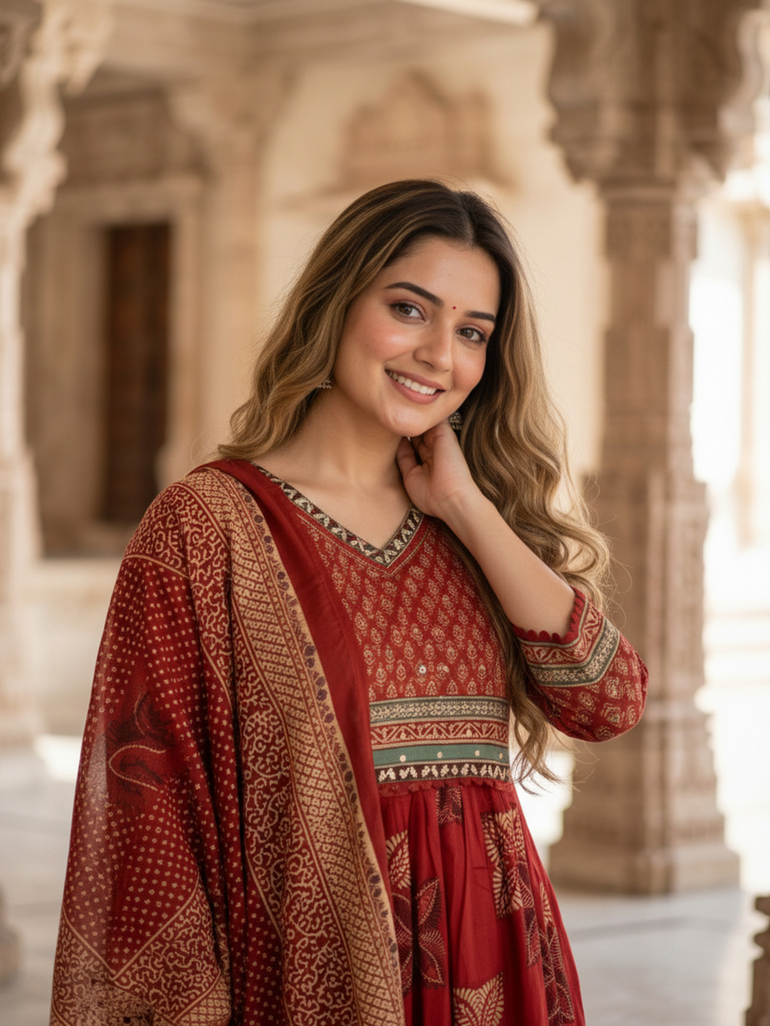 Ethnic Printed Mirror Work A-Line Kurta with Pyjama & Dupatta - Rust