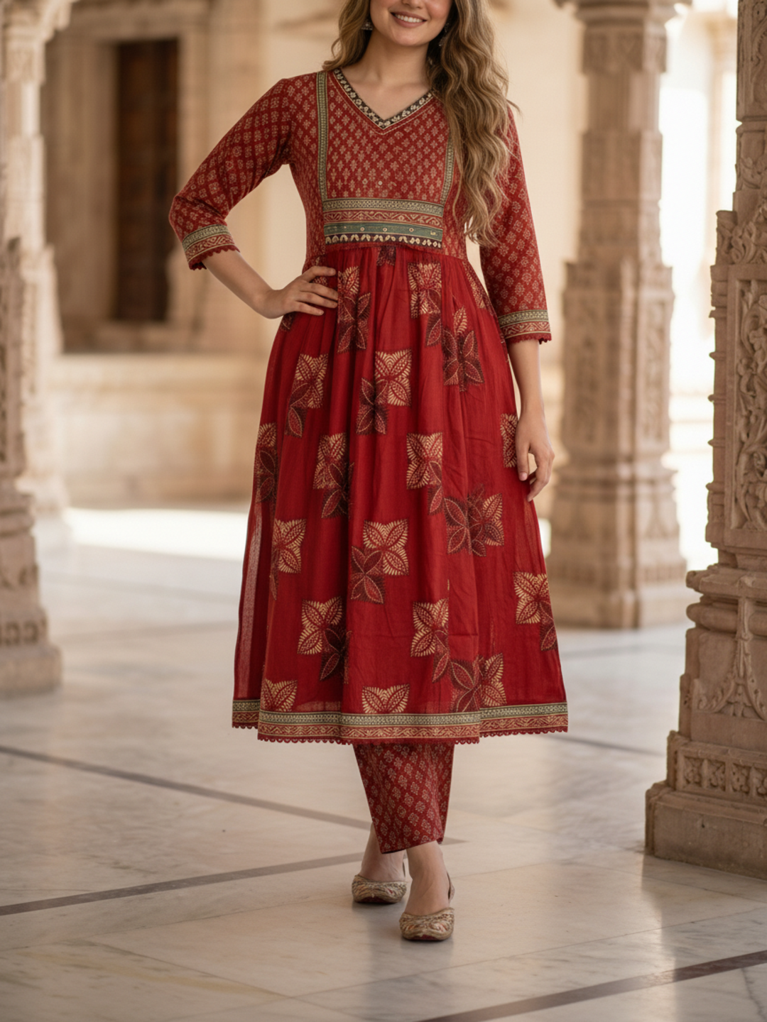 Ethnic Printed Mirror Work A-Line Kurta with Pyjama & Dupatta - Rust