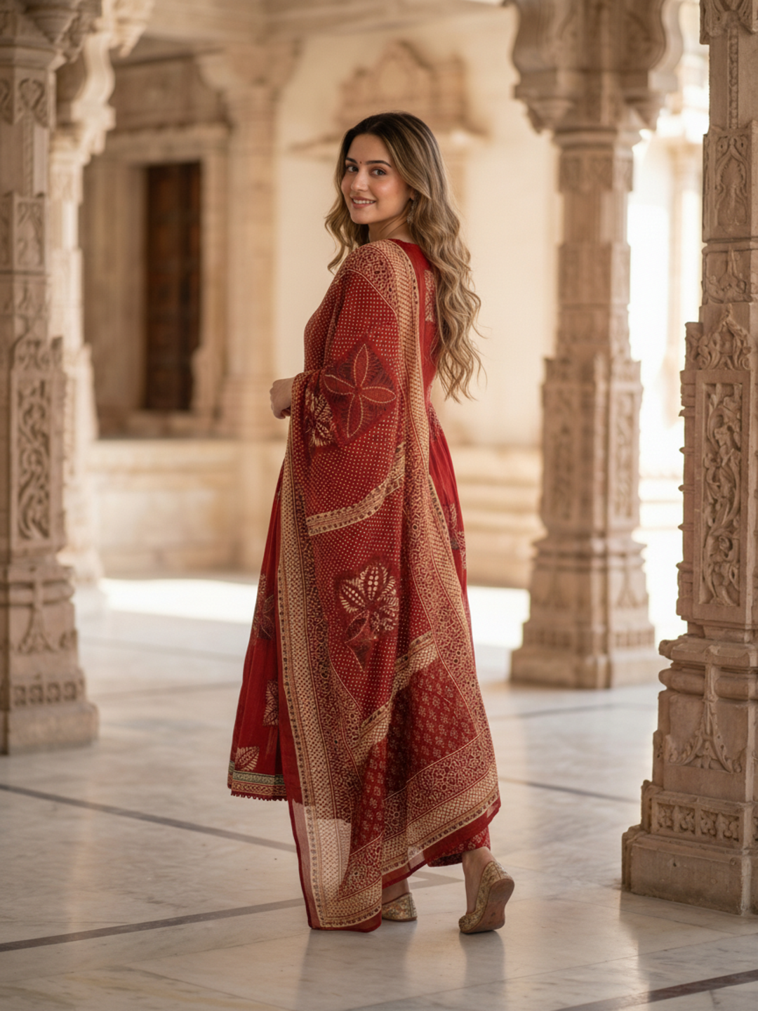 Ethnic Printed Mirror Work A-Line Kurta with Pyjama & Dupatta - Rust