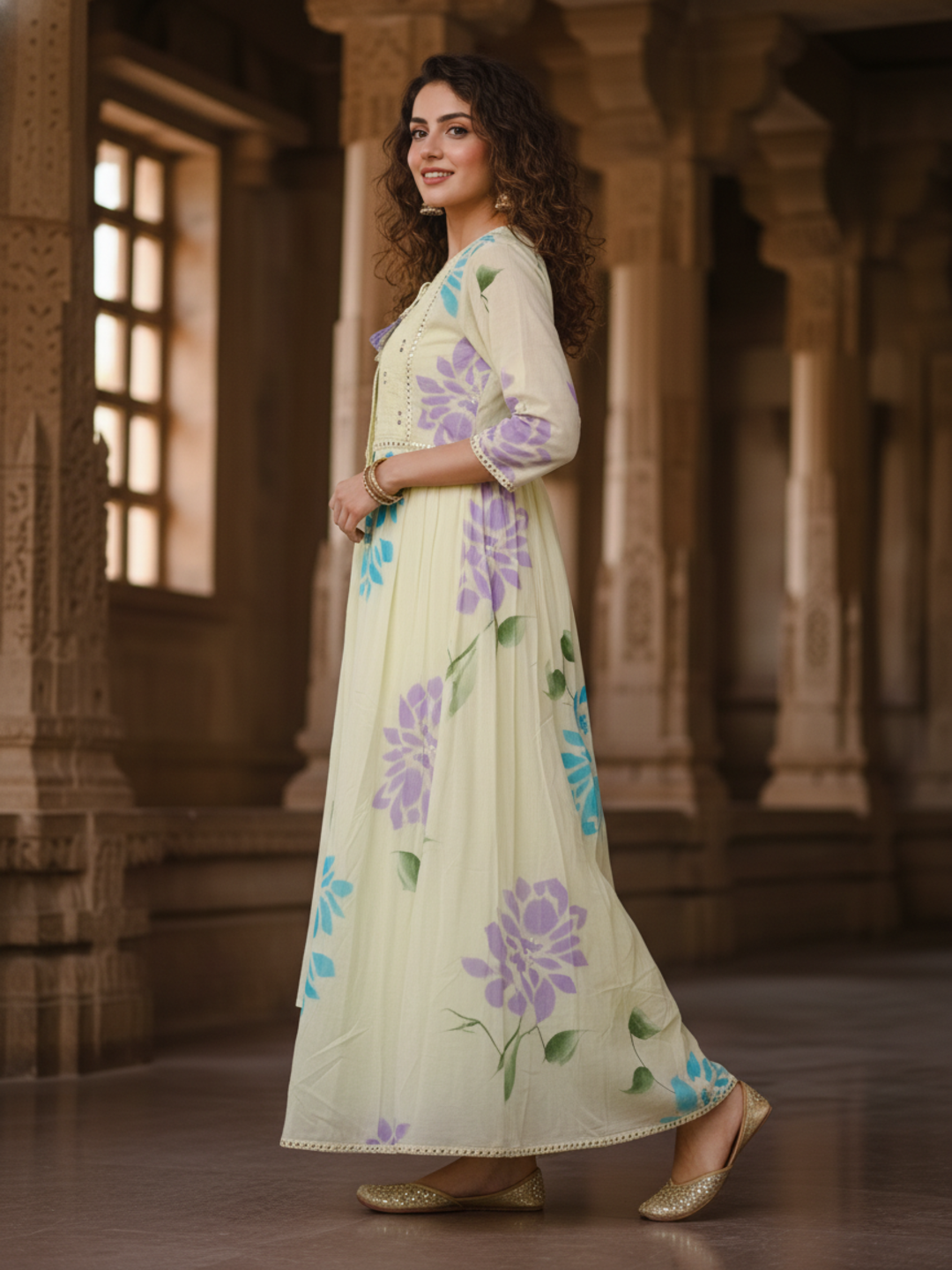 Hand-Painted Floral Mirror Work Layered Anarkali Dress with Jacket - Yellow