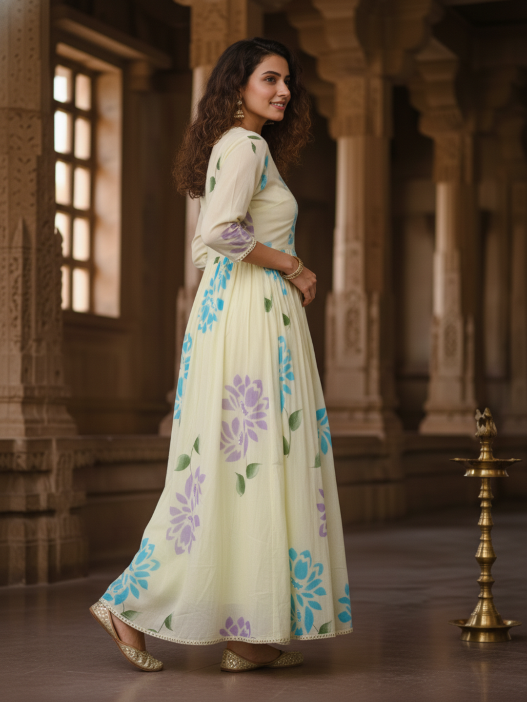 Hand-Painted Floral Mirror Work Layered Anarkali Dress with Jacket - Yellow