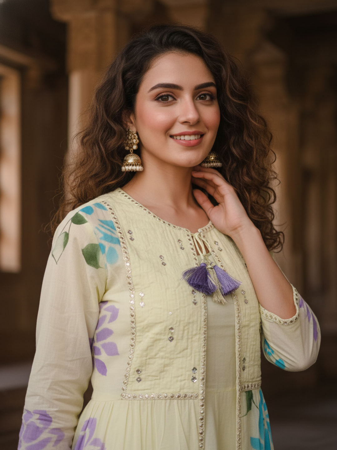 Hand-Painted Floral Mirror Work Layered Anarkali Dress with Jacket - Yellow