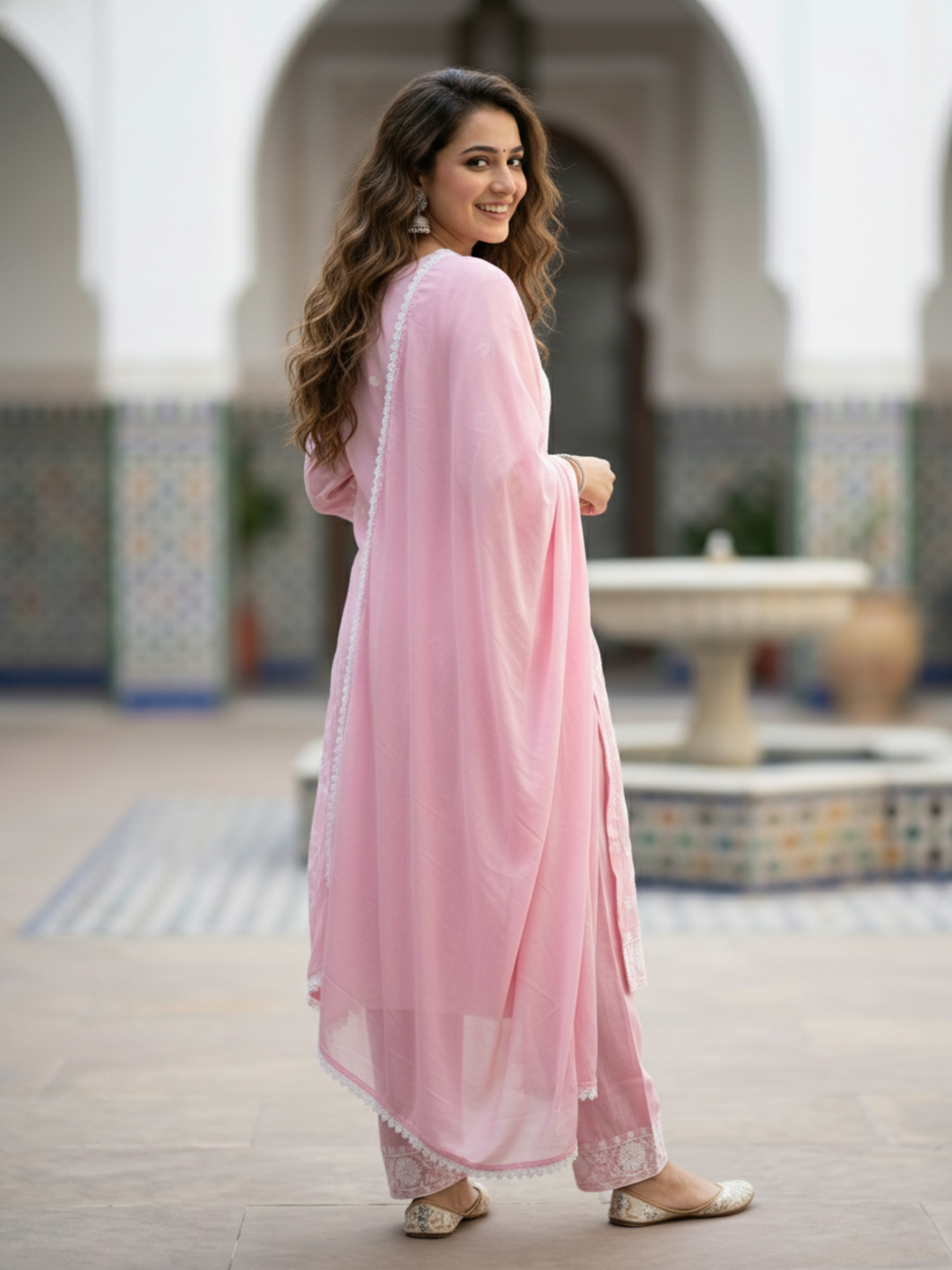 Solid Chikankari Embroidered Straight Kurta with Palazzo & Dupatta - Pink