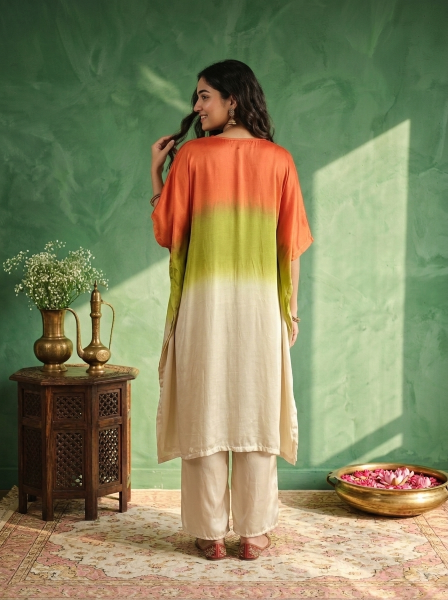 Ombre Printed Kaftan Kurta with Pants – Orange, Green & Beige