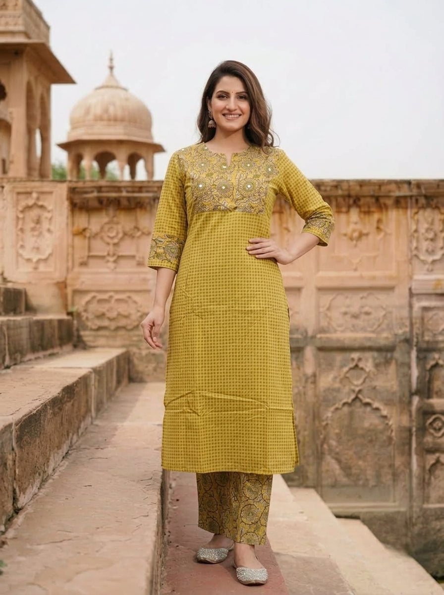 Yellow Kalamkari Floral Printed Embroidered Cotton Blend Straight Kurta Set with Palazzo