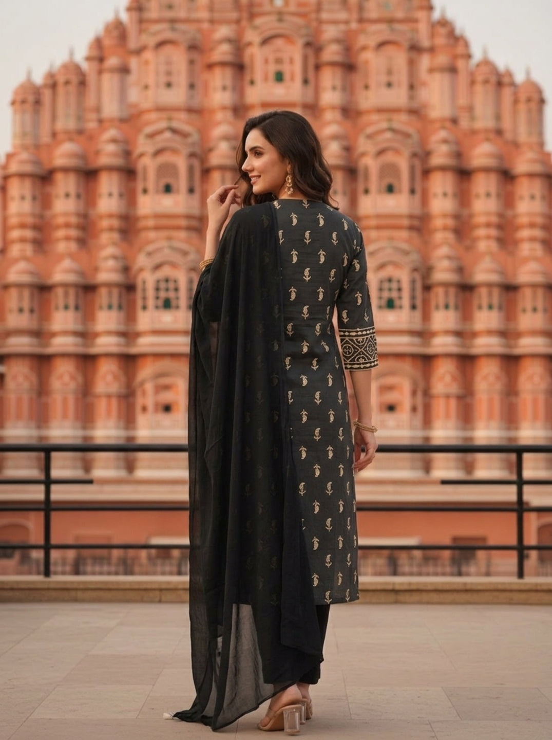 Black Ethnic Printed Mirror Embroidered Cotton Straight Kurta Set with Pant and Dupatta