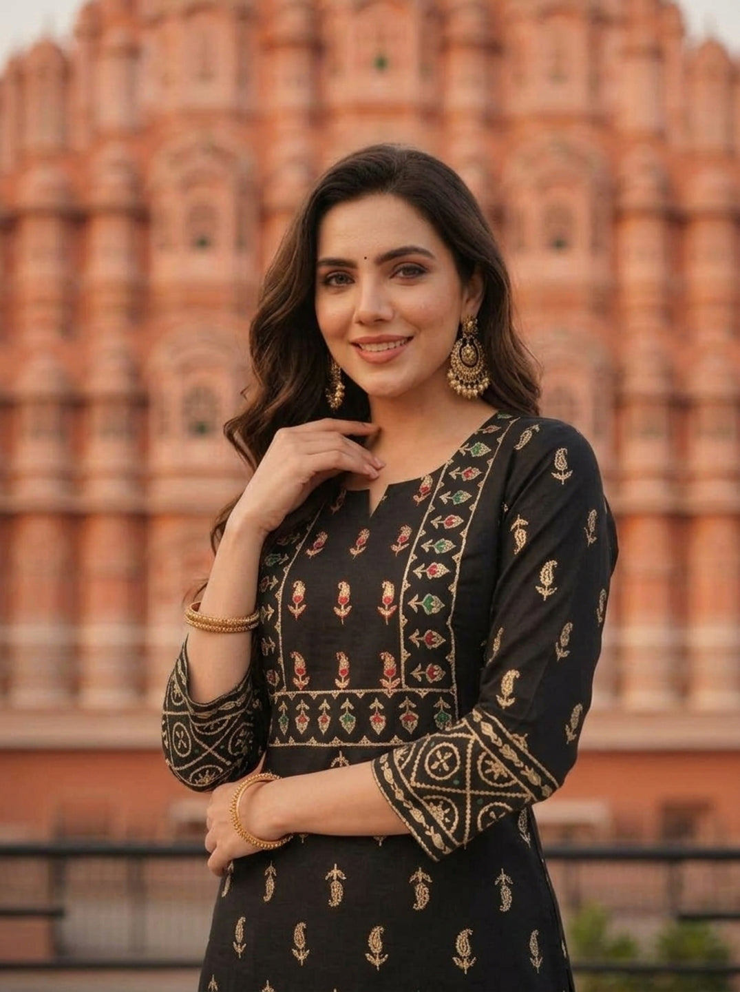 Black Ethnic Printed Mirror Embroidered Cotton Straight Kurta Set with Pant and Dupatta