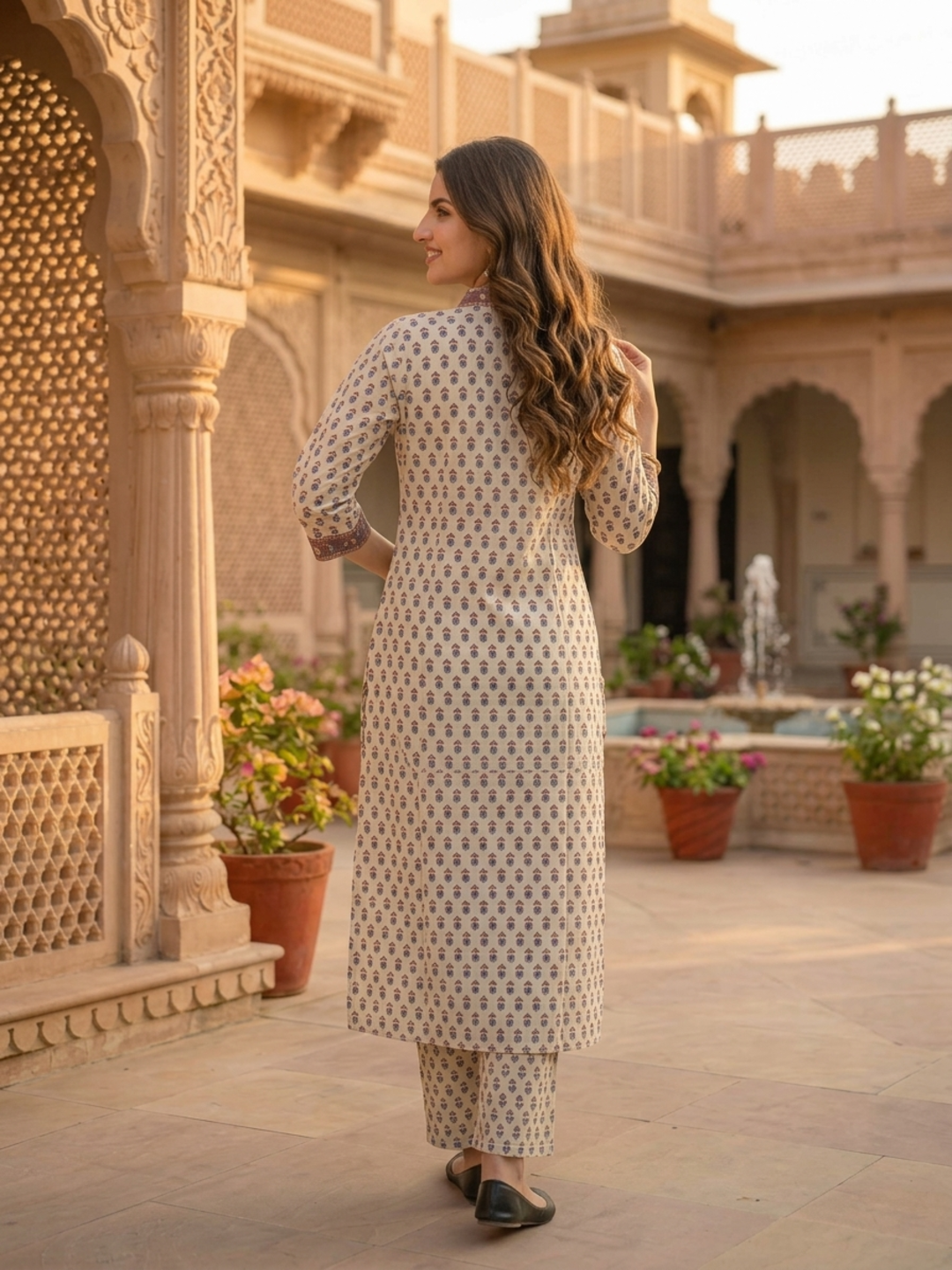 Beige Ethnic Floral Printed Cotton A-Line Kurta Set with Sequin & Embroidery, Shawl Collar, Palazzo & Printed Pure Cotton Dupatta