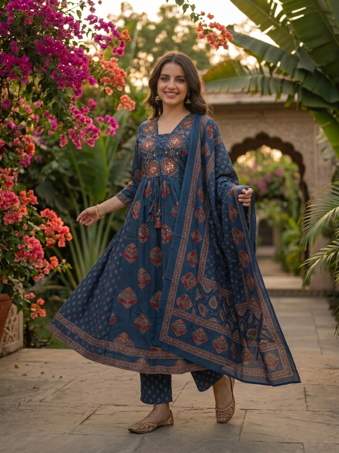Indigo Blue Floral Cotton Anarkali Set with Bead & Sequin Embroidery, Palazzo & Printed Dupatta
