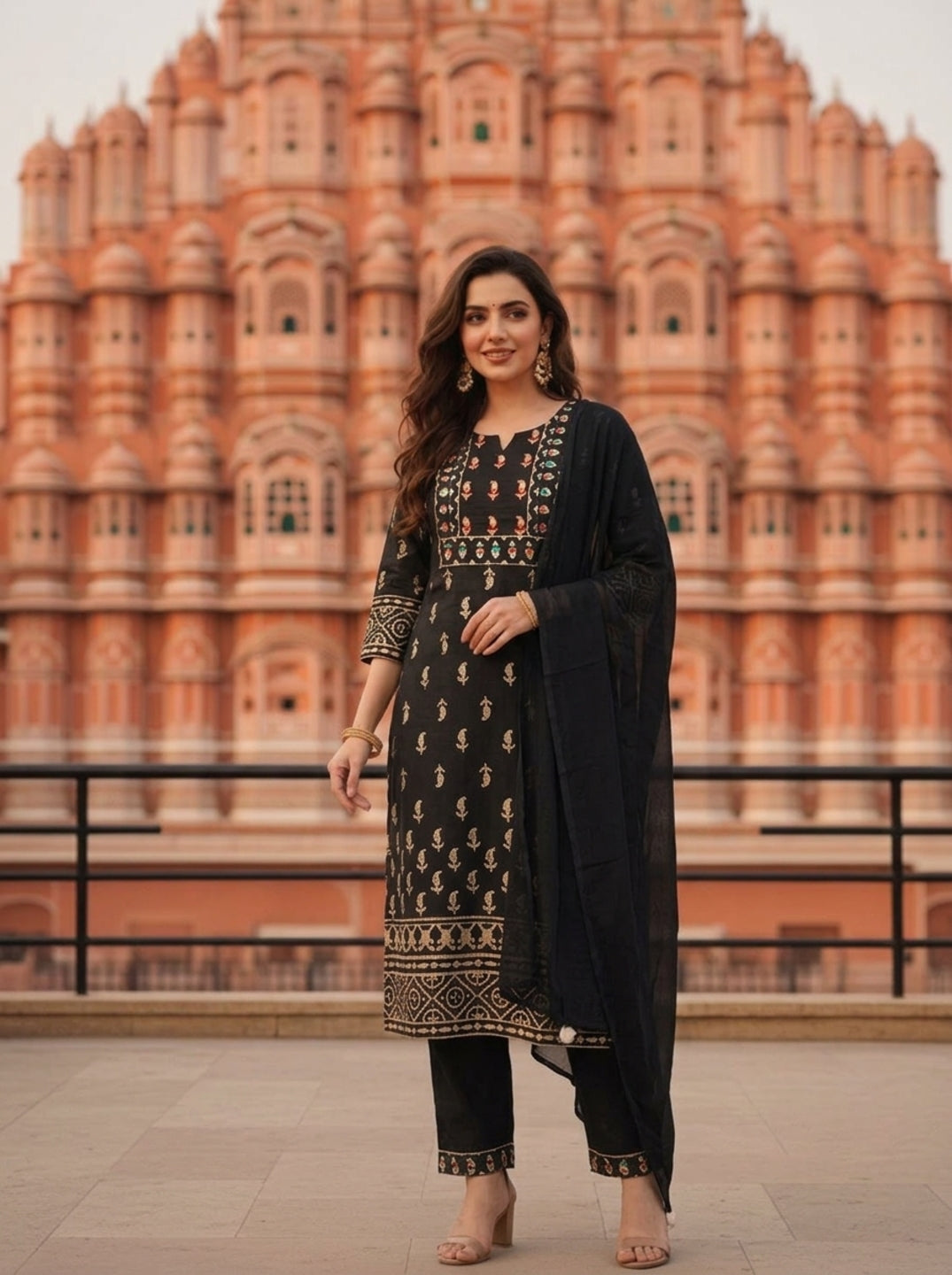 Black Ethnic Printed Mirror Embroidered Cotton Straight Kurta Set with Pant and Dupatta