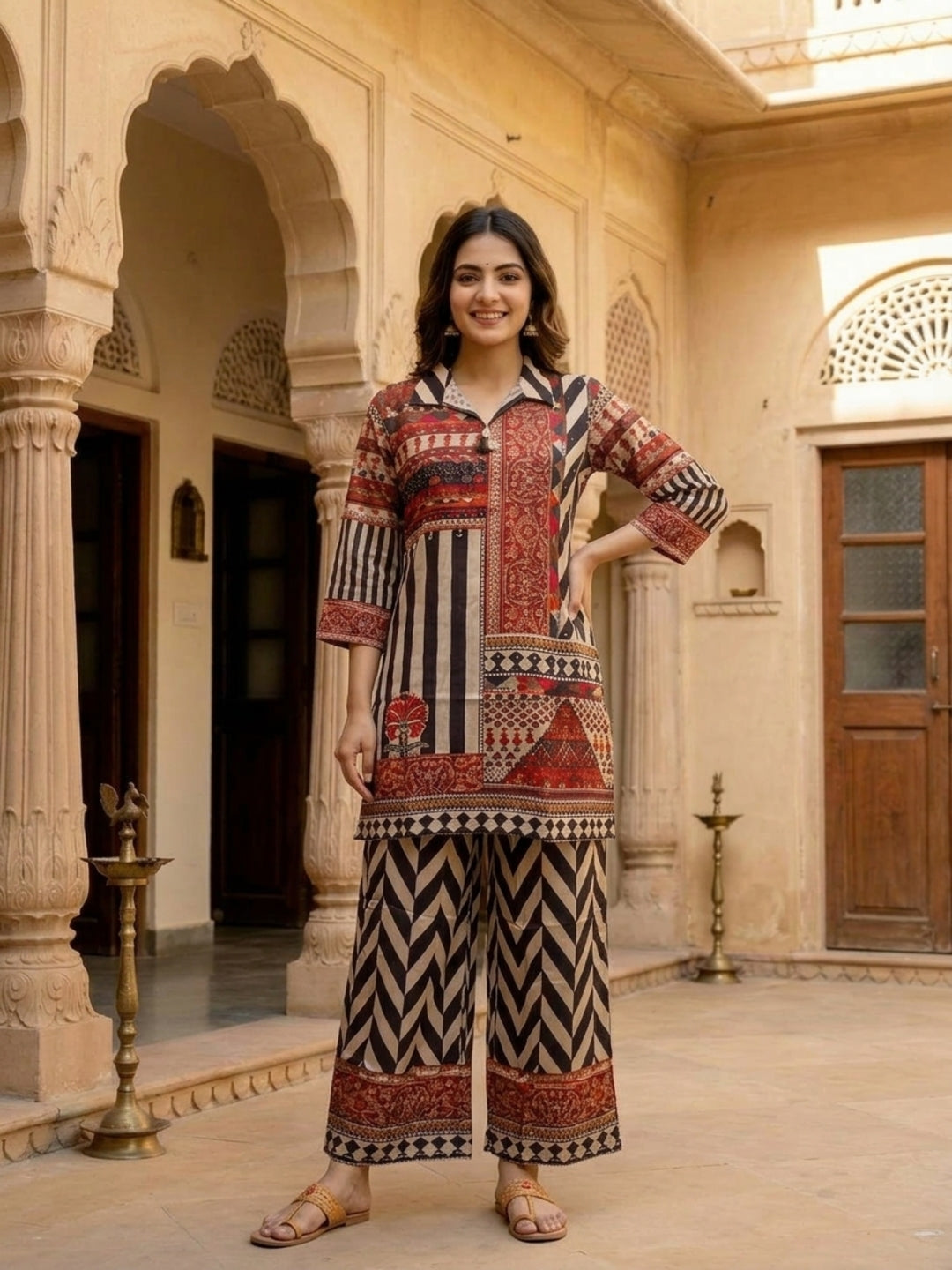 Multi Ethnic Floral Print Modal Silk A-Line Co-ord Set with Sequins, Shirt Collar & Multi Silk Blend Palazzo