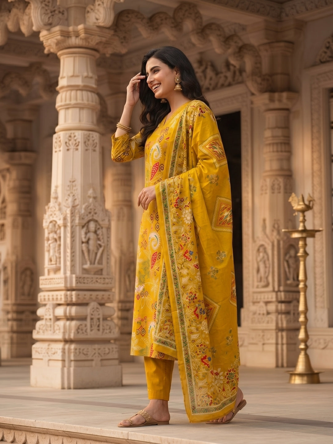 Floral Jaal Printed Straight Kurta with Pyjama & Dupatta - Mustard